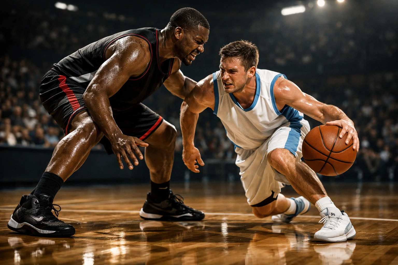 Intensives Duell zweier Basketballspieler symbolisiert das Handicap-Konzept