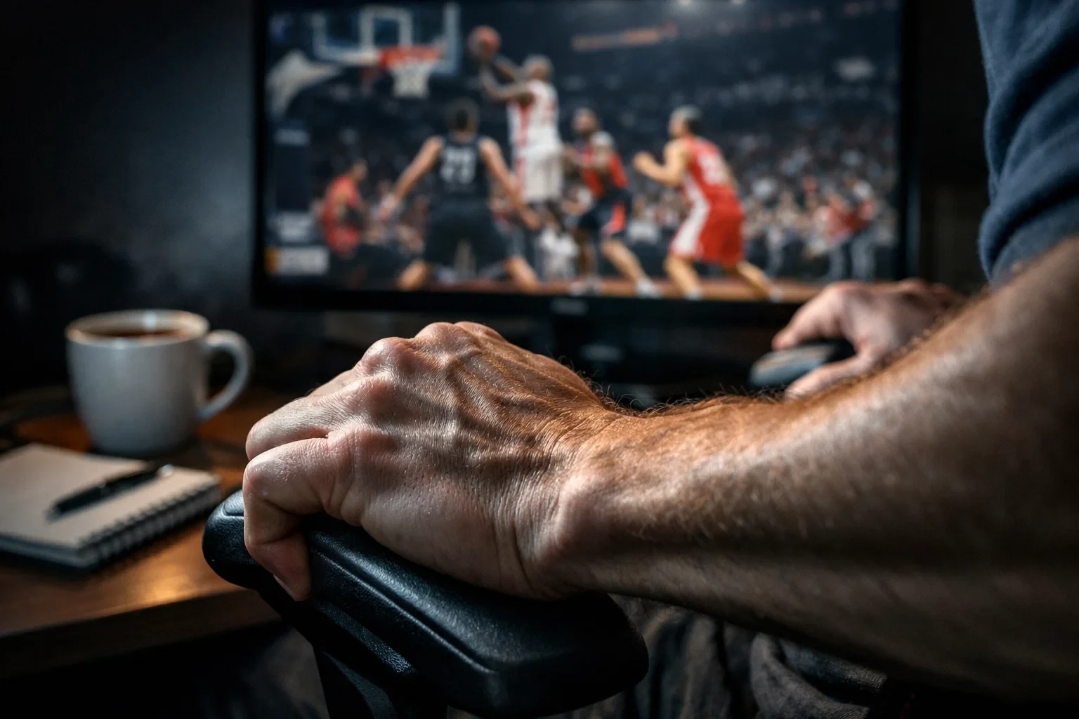 Angespannte Hände greifen die Armlehnen während eines intensiven Live-Basketballspiels auf dem Monitor
