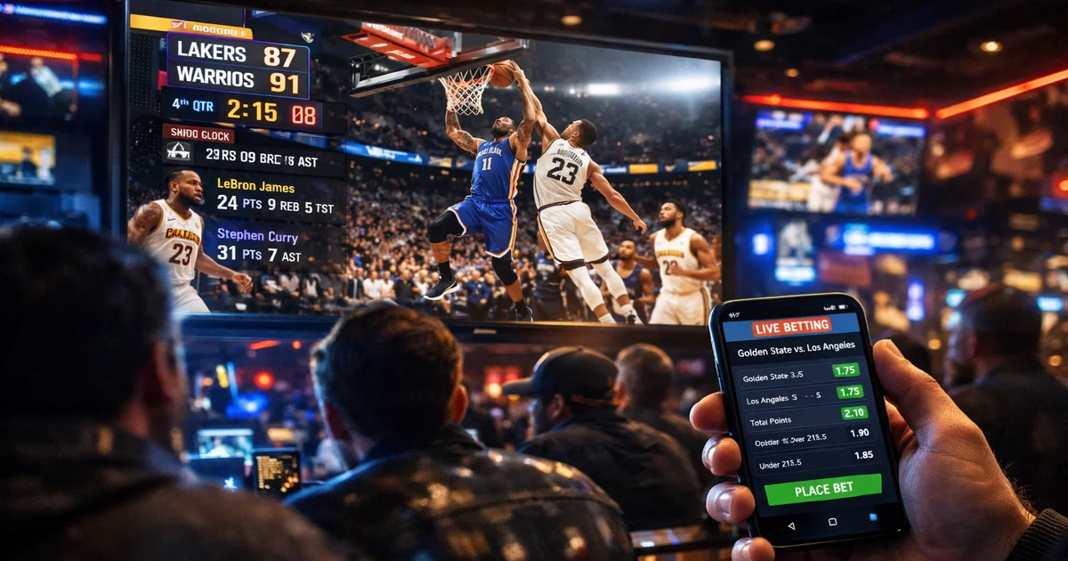 Basketballspieler beim spektakulären Slam Dunk in einer modernen Arena mit dramatischer Beleuchtung