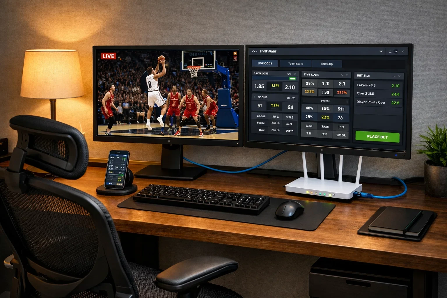 Professionelles Home-Setup für Live-Wetten mit Dual-Monitor-Arbeitsplatz und schneller Internetverbindung