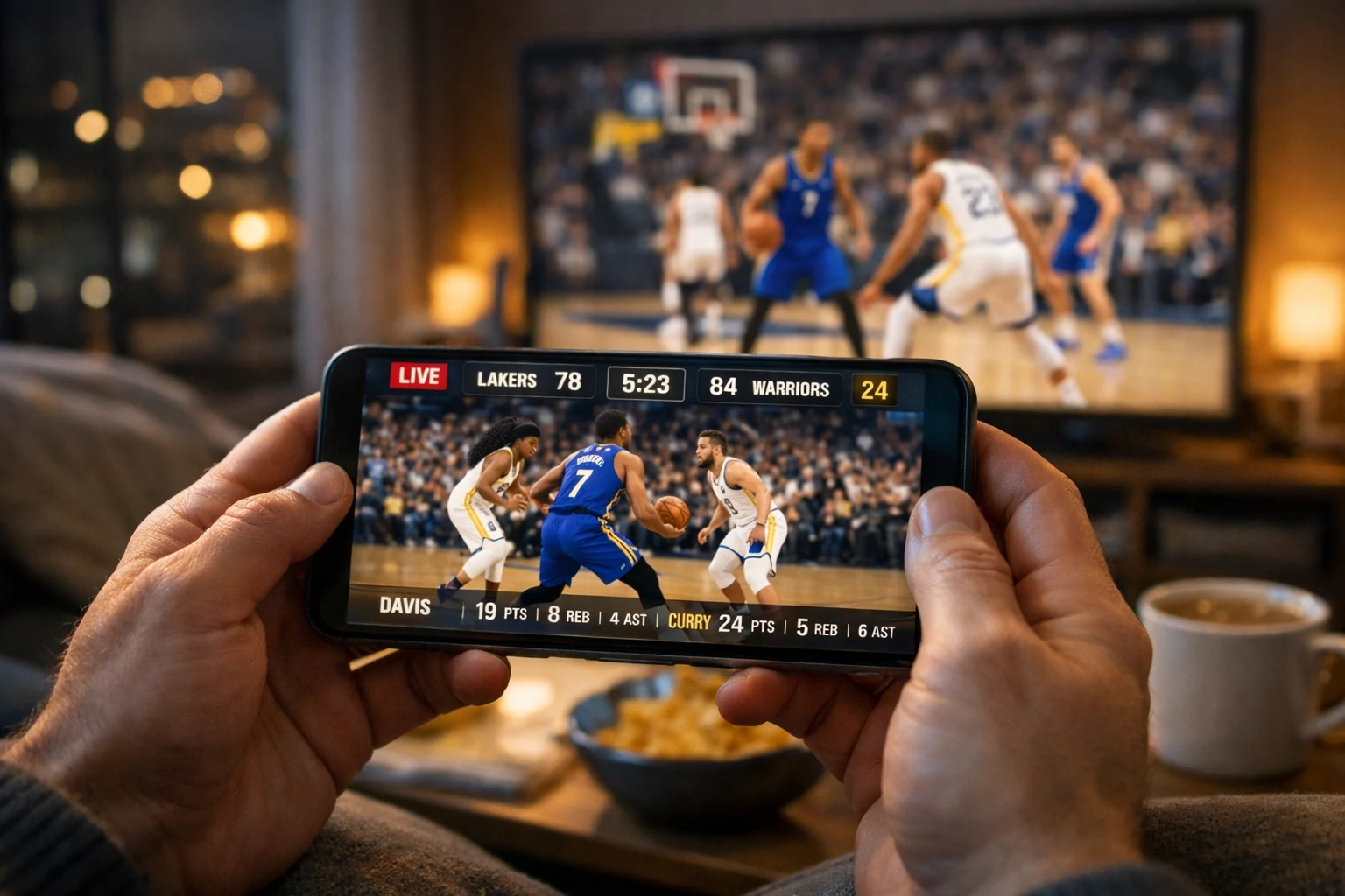 Smartphone zeigt Live-Basketballspiel-Stream in gemütlicher Wohnzimmeratmosphäre