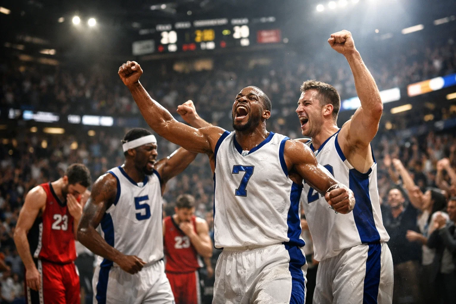 Basketballspieler feiern einen Scoring-Lauf während das gegnerische Team frustriert wirkt