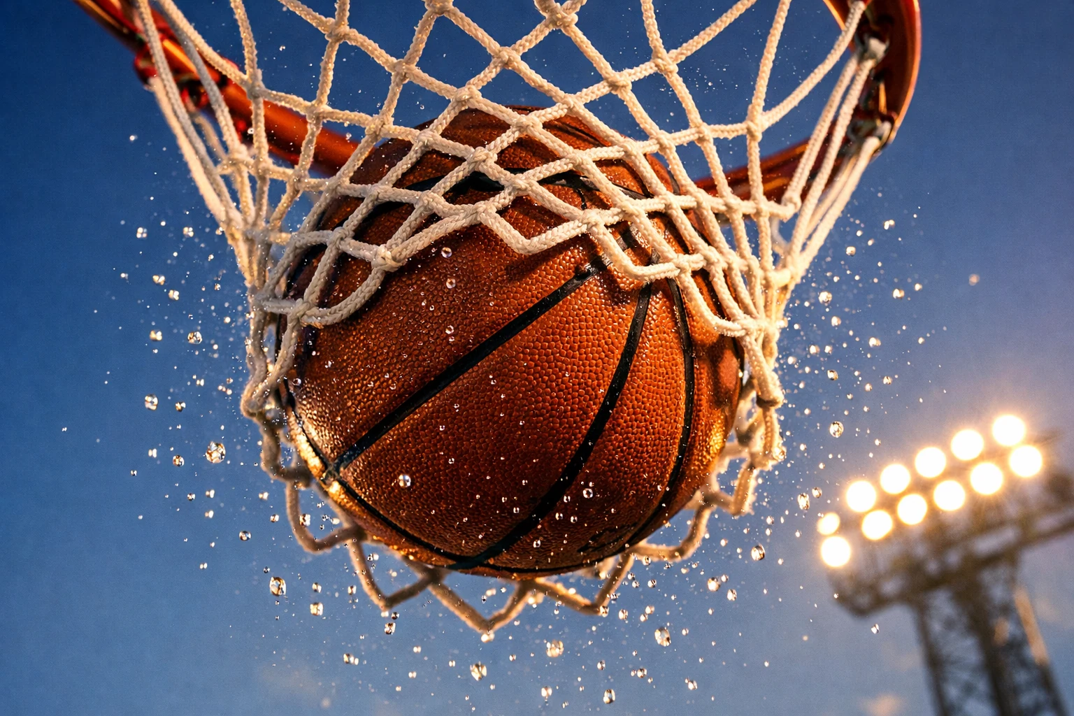 Basketball fällt durch das Netz nach einem erfolgreichen Korb