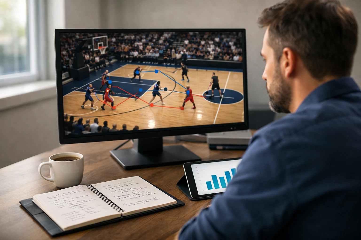 Sportanalyst bei der Recherche und Analyse von Basketballspielen am modernen Arbeitsplatz