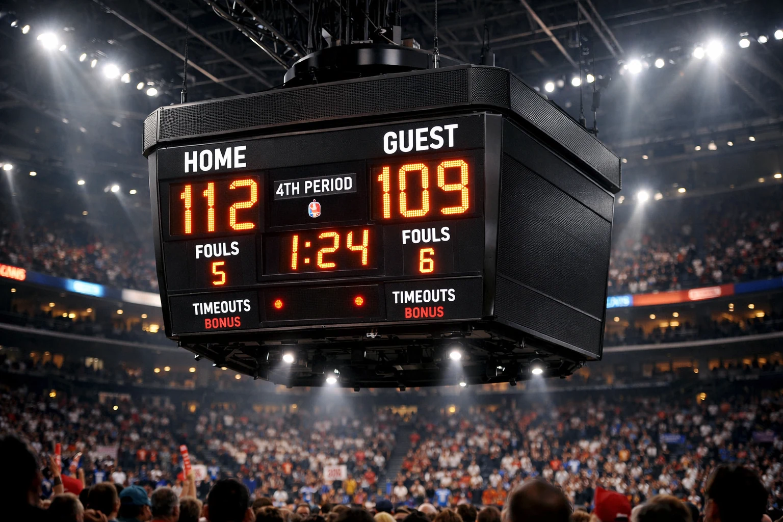 LED-Anzeigetafel in einer Basketballarena zeigt hohen Spielstand