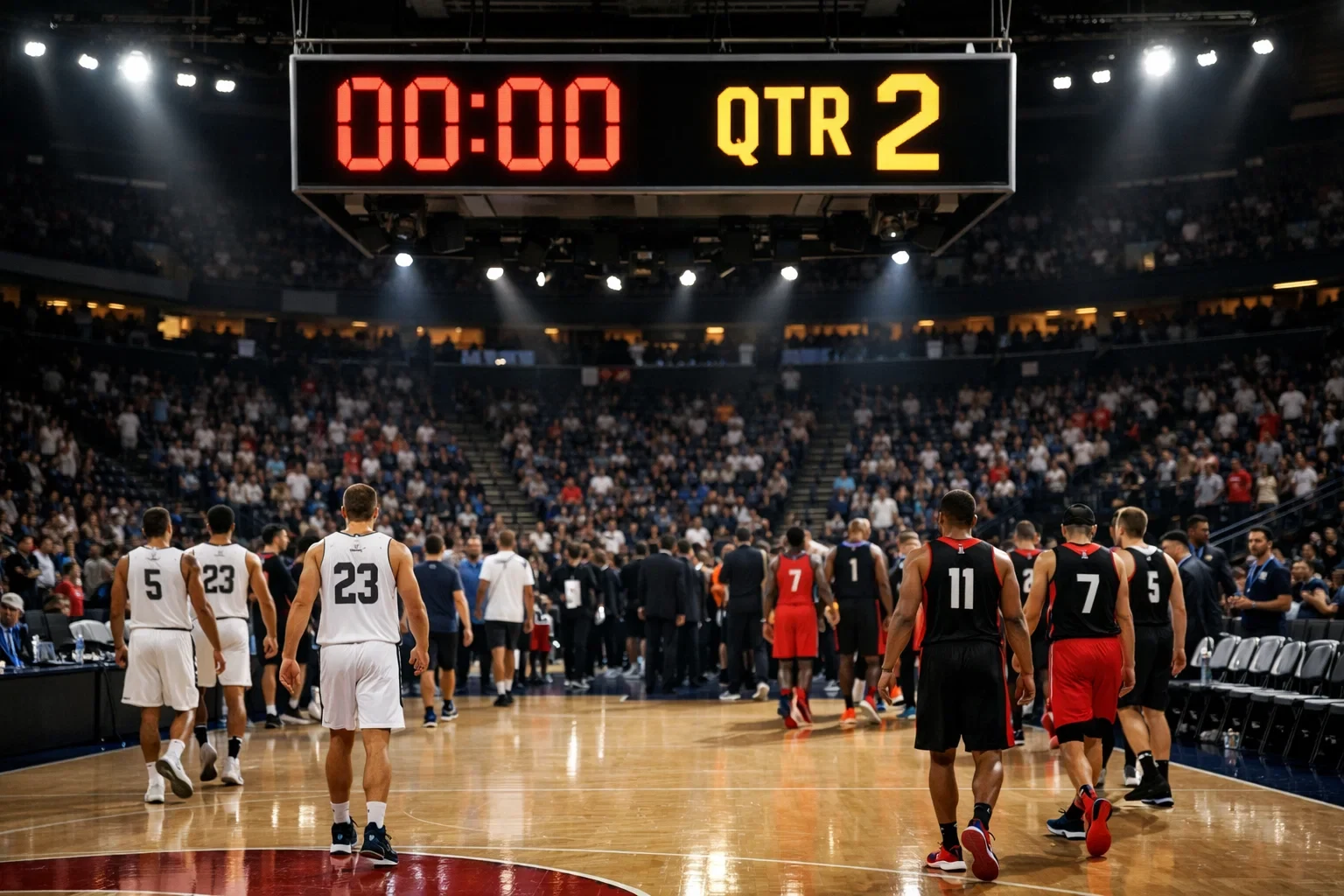 Basketball-Spieluhr zeigt Ende eines Viertels während Spieler zu ihren Bänken gehen