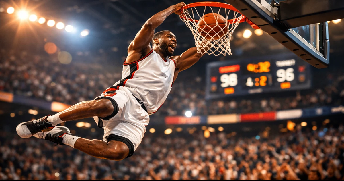 Basketballspieler beim spektakulären Slam Dunk in einer modernen Arena mit dramatischer Beleuchtung