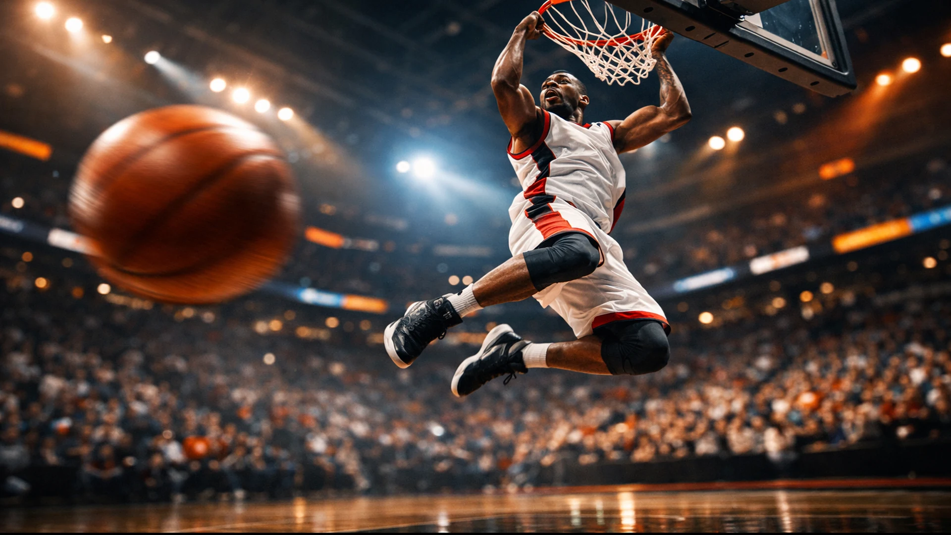 Basketballspieler beim spektakulären Slam Dunk in einer modernen Arena mit dramatischer Beleuchtung