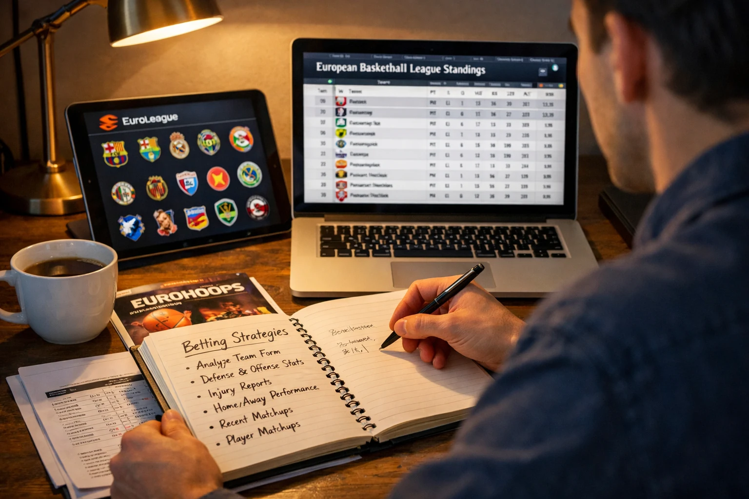 Person entwickelt Wettstrategien fuer europaeischen Basketball mit Statistiken und Notizen