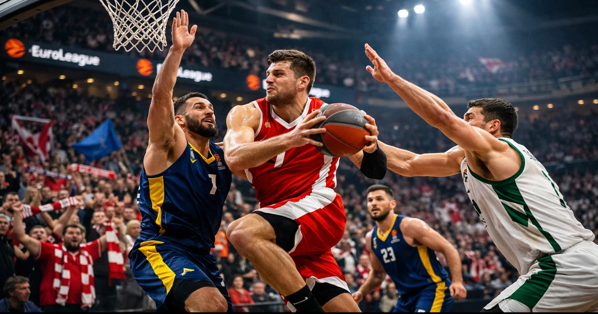 Basketballspieler beim spektakulären Slam Dunk in einer modernen Arena mit dramatischer Beleuchtung