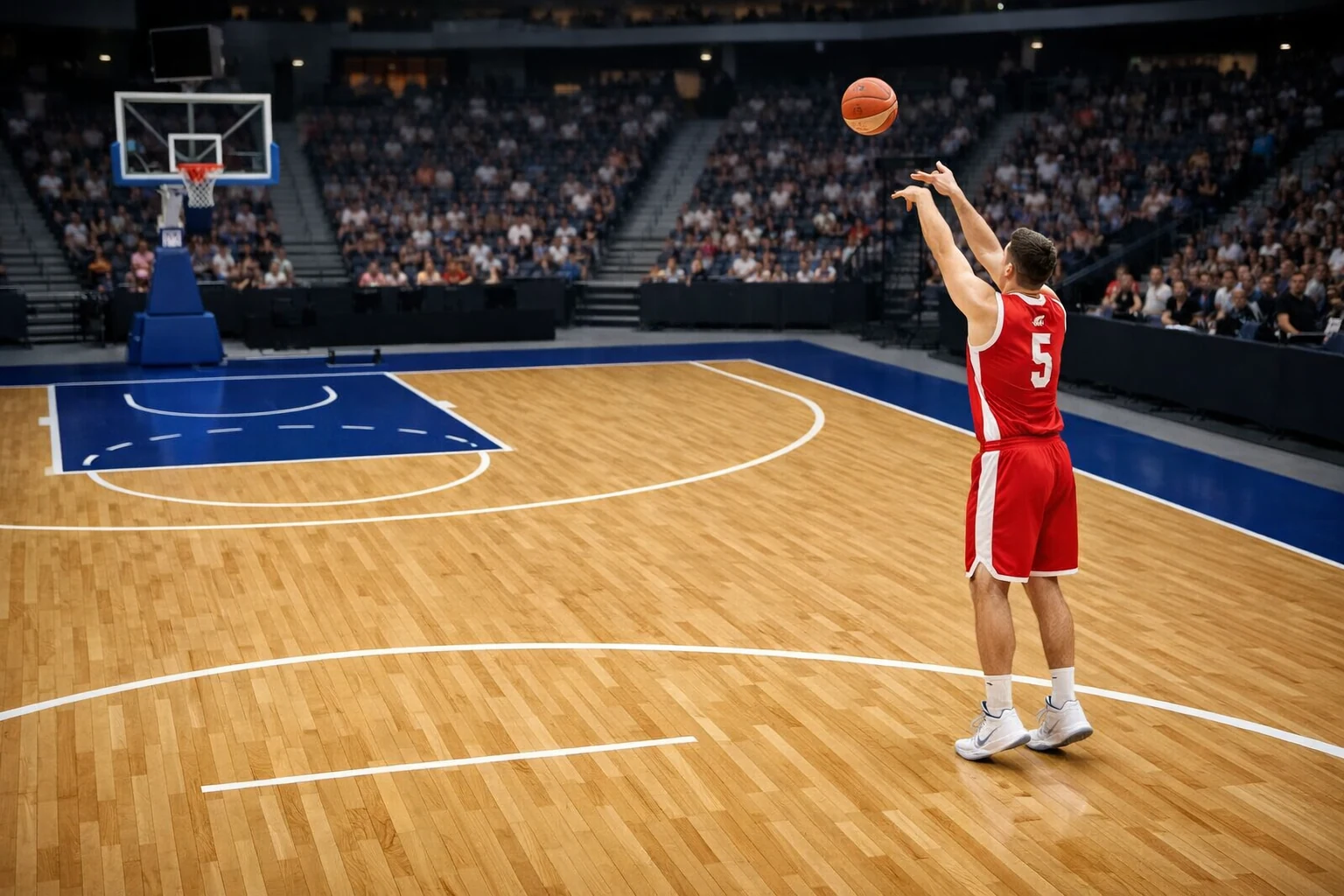 Basketballspieler beim Dreipunktewurf auf einem FIBA-Spielfeld mit sichtbarer Dreipunktelinie