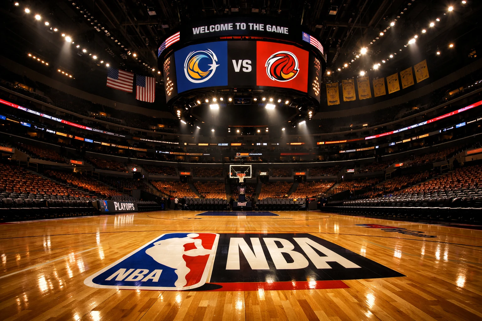 Beeindruckende NBA-Arena mit ikonischem Basketballfeld und dramatischer Beleuchtung vor Spielbeginn