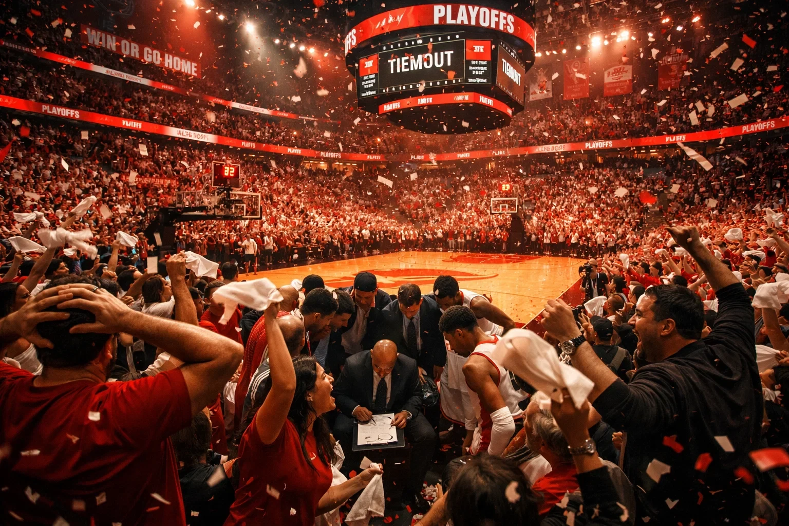 Intensive NBA-Playoff-Szene mit begeisterten Fans und konzentrierten Spielern in dramatischer Beleuchtung