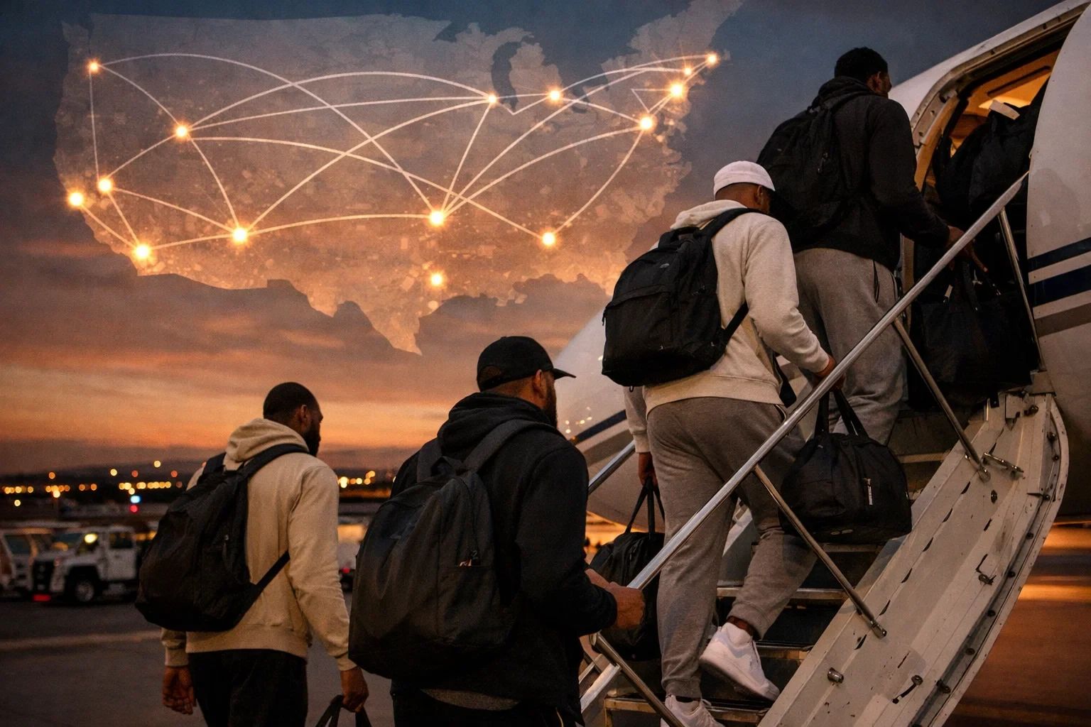 NBA-Basketballteam beim Boarding eines Flugzeugs mit USA-Karte im Hintergrund