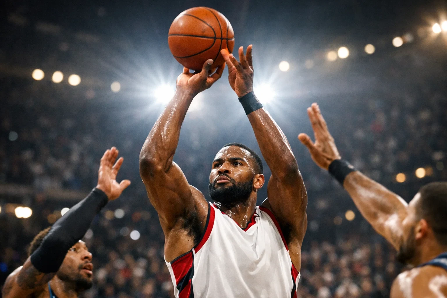 NBA-Starspieler in beeindruckender Aktion beim Korbwurf unter Scheinwerferlicht