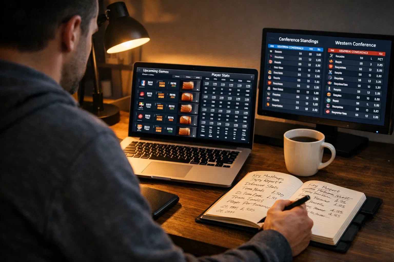 Person analysiert NBA-Spielstatistiken am Laptop mit Notizblock fuer Wettstrategie
