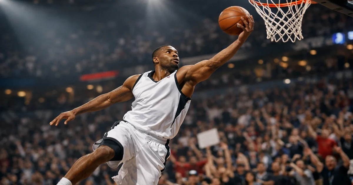 Basketballspieler beim spektakulären Slam Dunk in einer modernen Arena mit dramatischer Beleuchtung